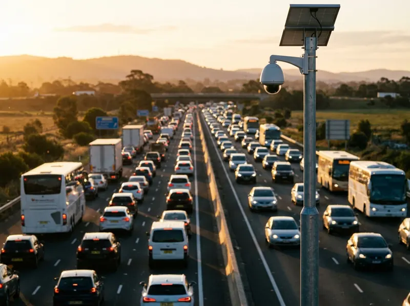 Motorway traffic viewed from an overpass with a roadside camera pole