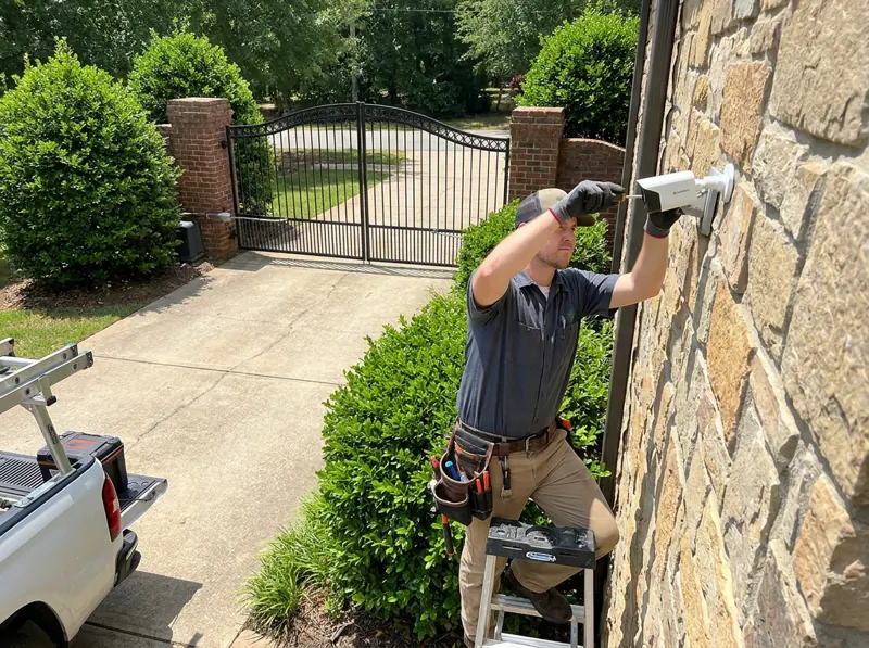 Technician adjusting a bullet camera beside a gated entrance