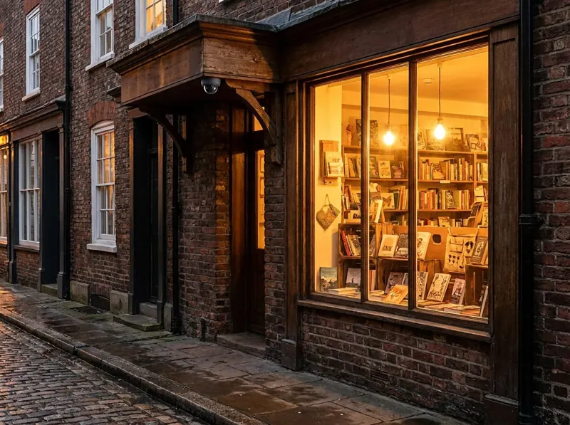 Small shop front at evening with a dome camera over the door